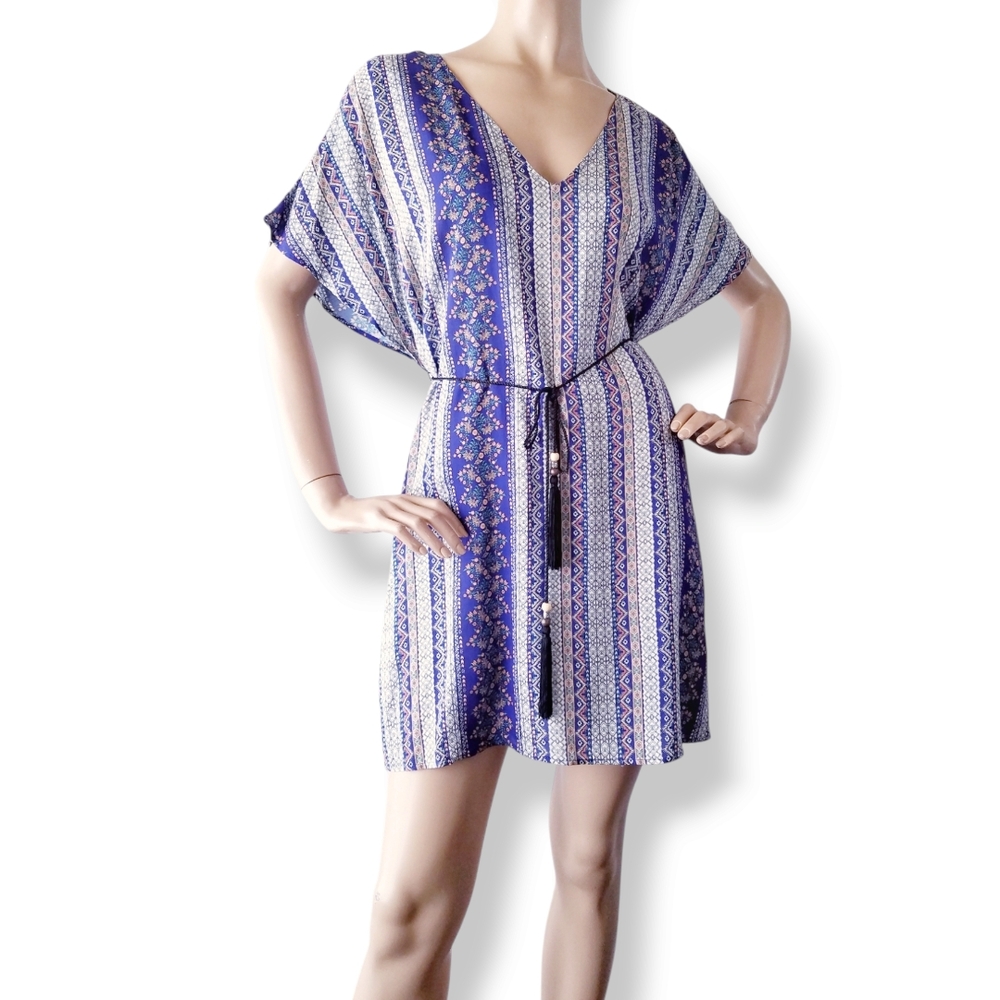 3ena Blue & White Boho Tribal Vertical Stripes Shift Dress With Waist Ties
